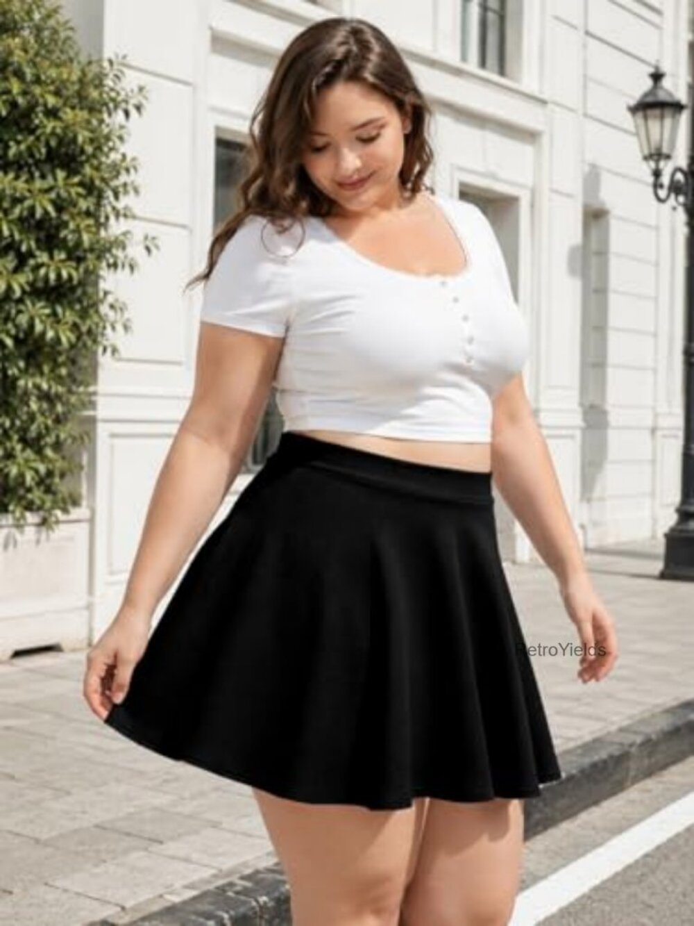 Plus Size High Waisted Stretchy Flowy Mini Skater Skirt For Women View 2